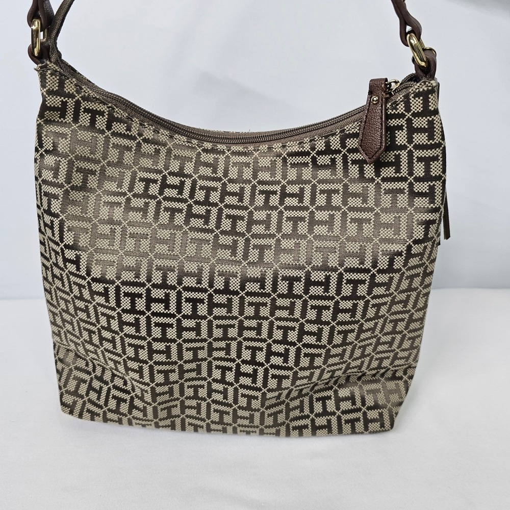 Tommy Hilfiger Hobo Bag Shoulder Purse Monogram Brown Tassel Logo Canvas Medium - Picture 8 of 16